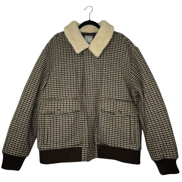 Gap Wool-blend Brown Houndstooth Bomber Jacket Recycled Full Zip Men's size XXL